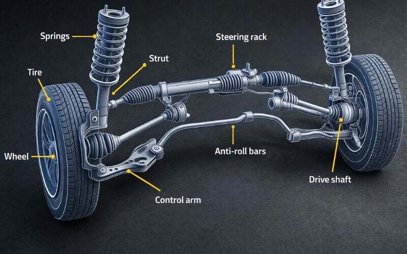Labeled diagram of car front suspension system showing struts, shocks, control arms, and ball joints