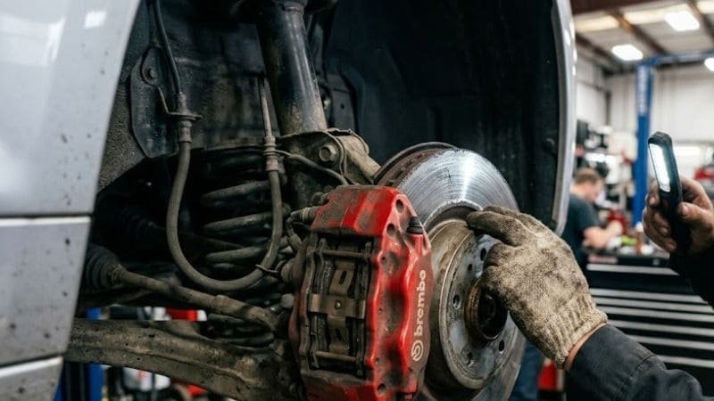 Mechanic inspecting squeaking car brake pads and rotor
