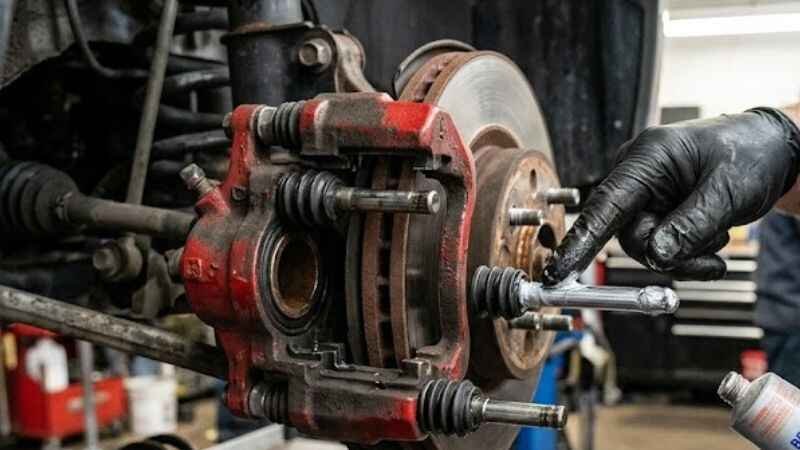 Mechanic lubricating brake caliper pins