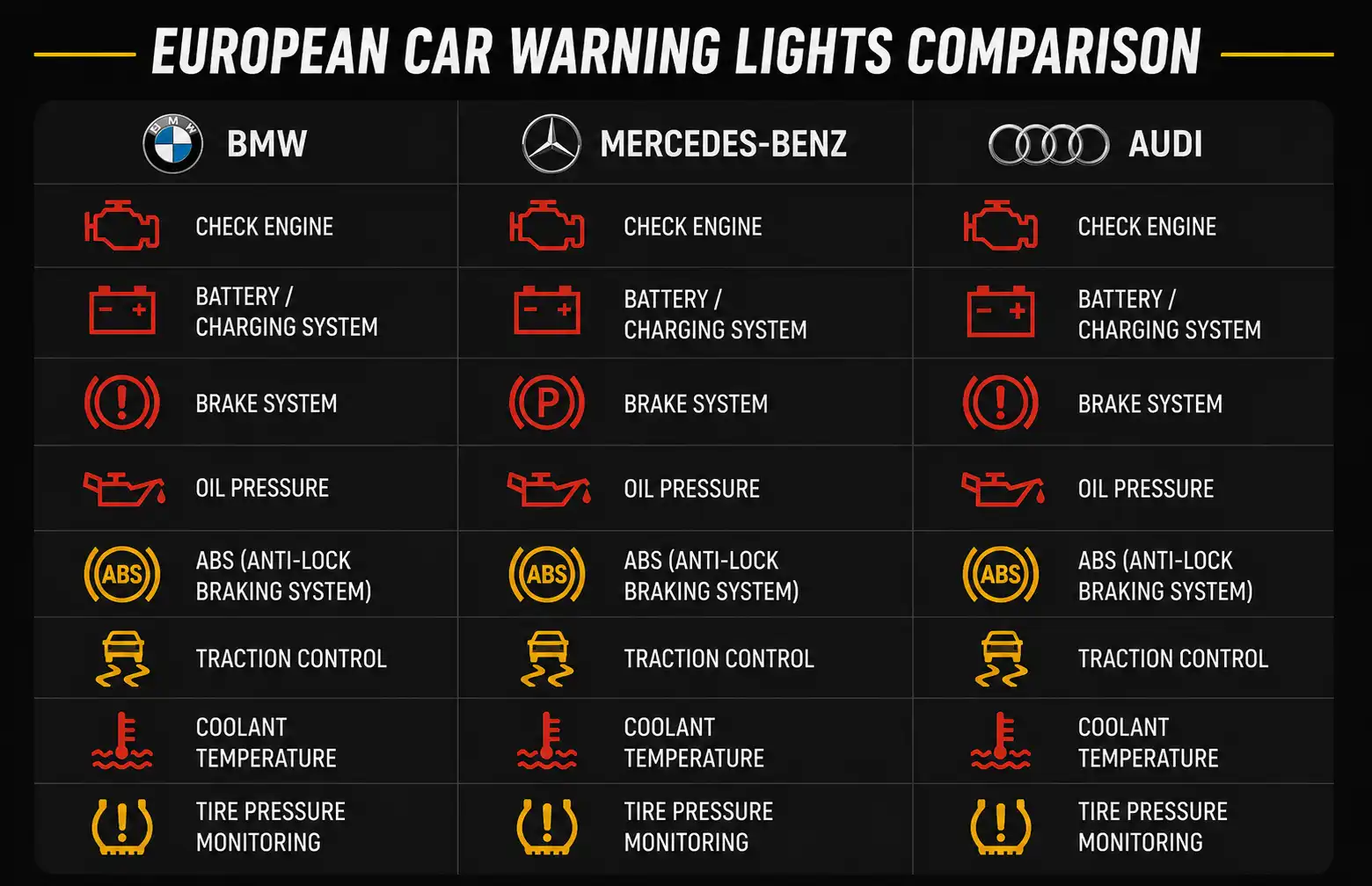 Comparison of BMW, Mercedes-Benz, and Audi dashboard warning light symbols and indicators.