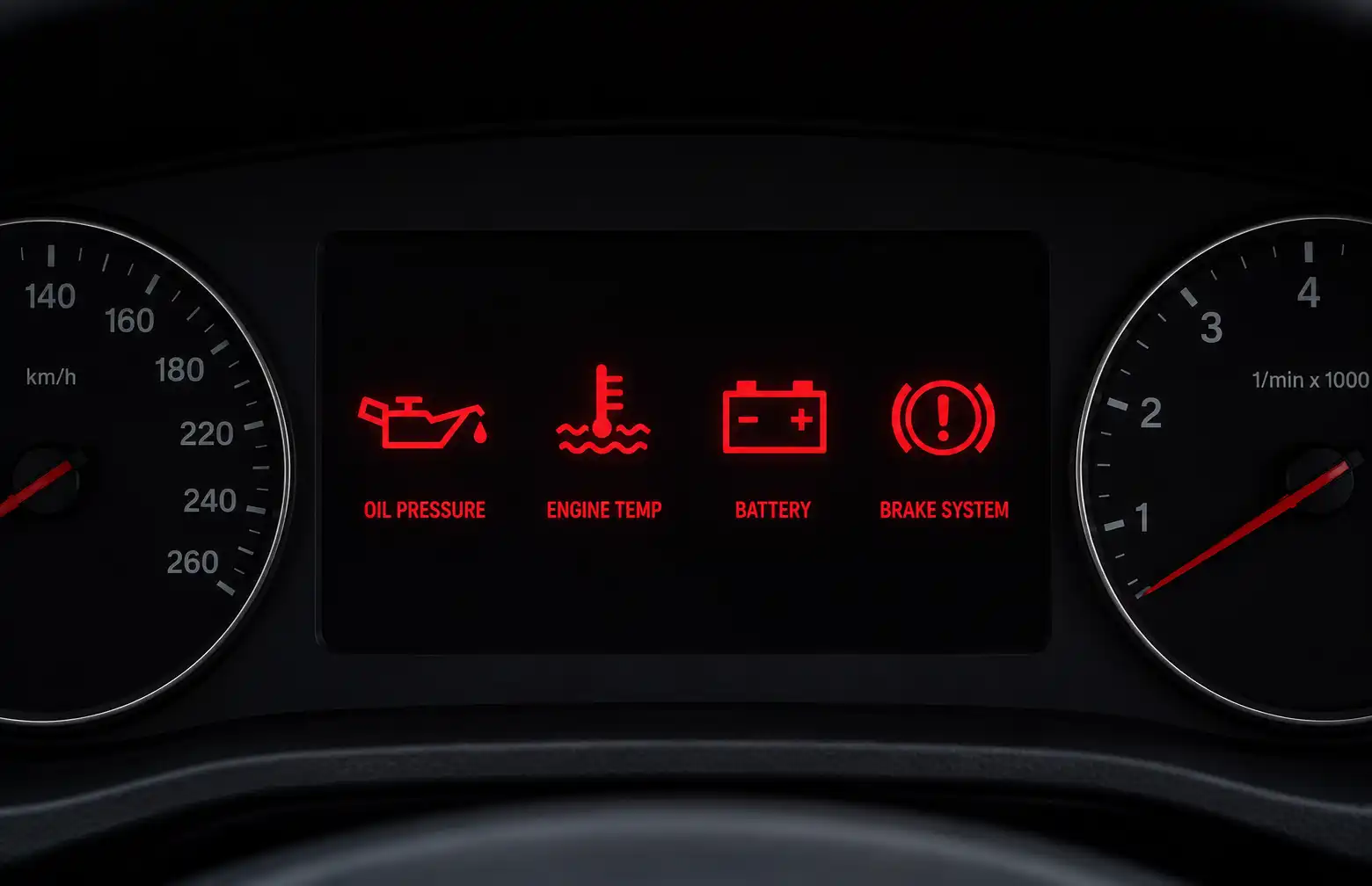 Critical red warning lights on a European vehicle dashboard indicating oil pressure, overheating, battery, and brake system problems.