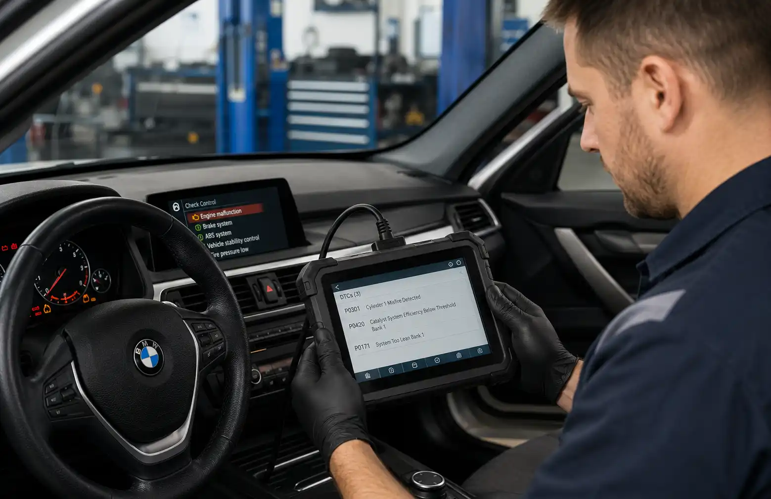 European auto repair technician performing diagnostic scan on BMW dashboard warning light system.