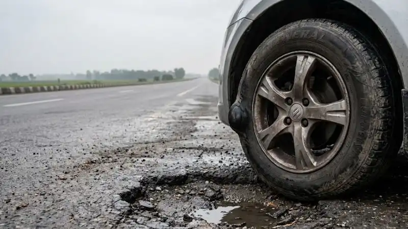Close up of tire sidewall showing a dangerous bulge caused by pothole impact requiring immediate tire replacement