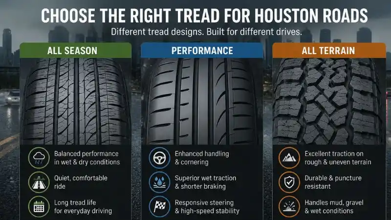 -by-side comparison of all-season, performance, and all-terrain tire tread patterns for Houston drivers