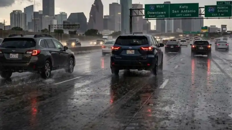 Car driving on wet Houston highway during heavy rain showing need for quality tires with good wet traction
