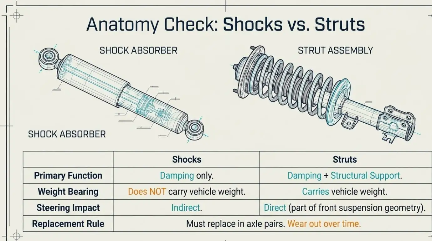 Shocks vs struts comparison showing car suspension components