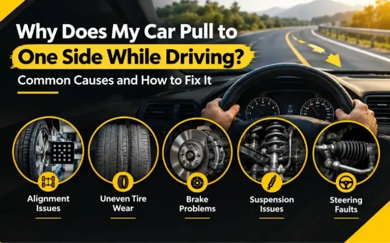 Car pulls to one side while driving due to wheel alignment issues, uneven tire wear, brake problems, suspension issues, or steering faults.