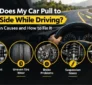 Car pulls to one side while driving due to wheel alignment issues, uneven tire wear, brake problems, suspension issues, or steering faults.