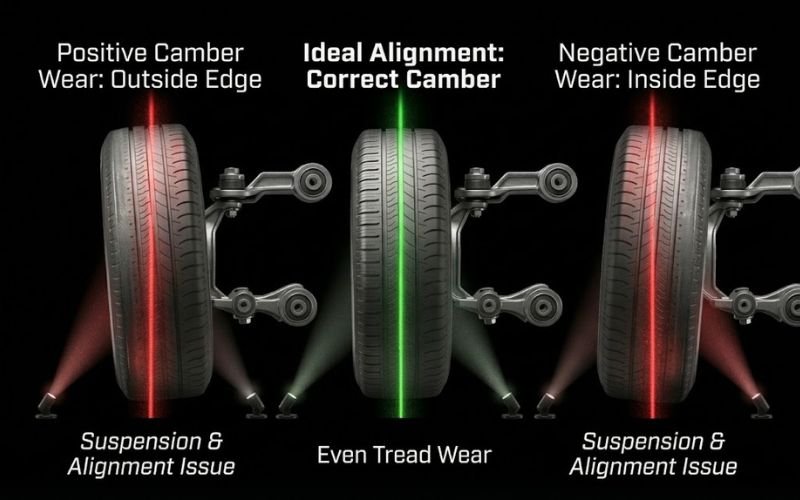 Comparison diagram showing positive, correct, and negative tire camber alignment with suspension components